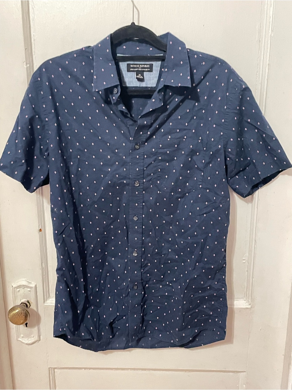 Banana Republic Navy Short-Sleeve Button-Down with White Micro Dots